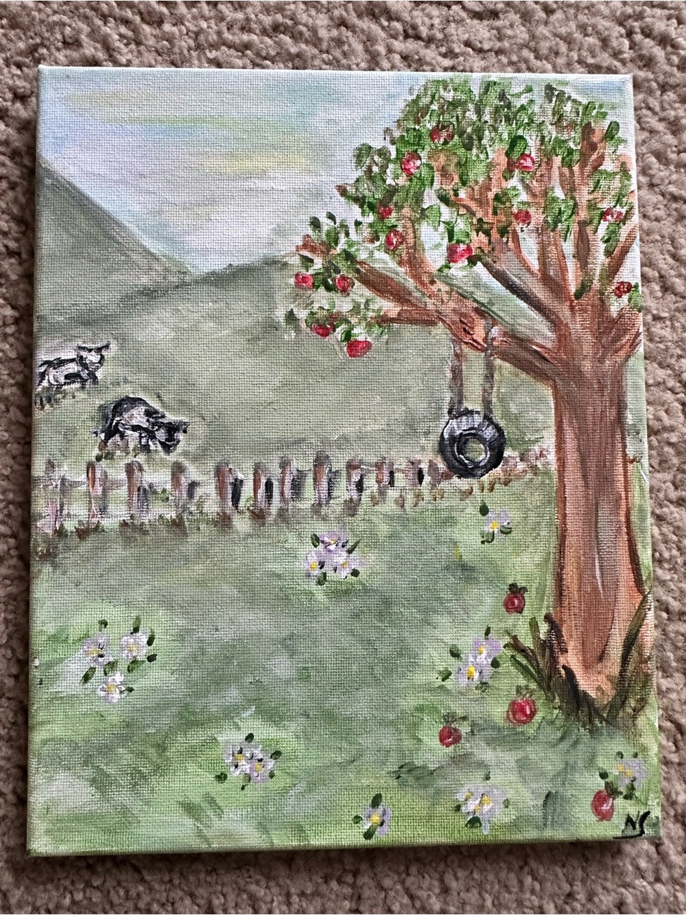 Hand-Painted Countryside Apple Tree Canvas Wall Art - Green & Brown